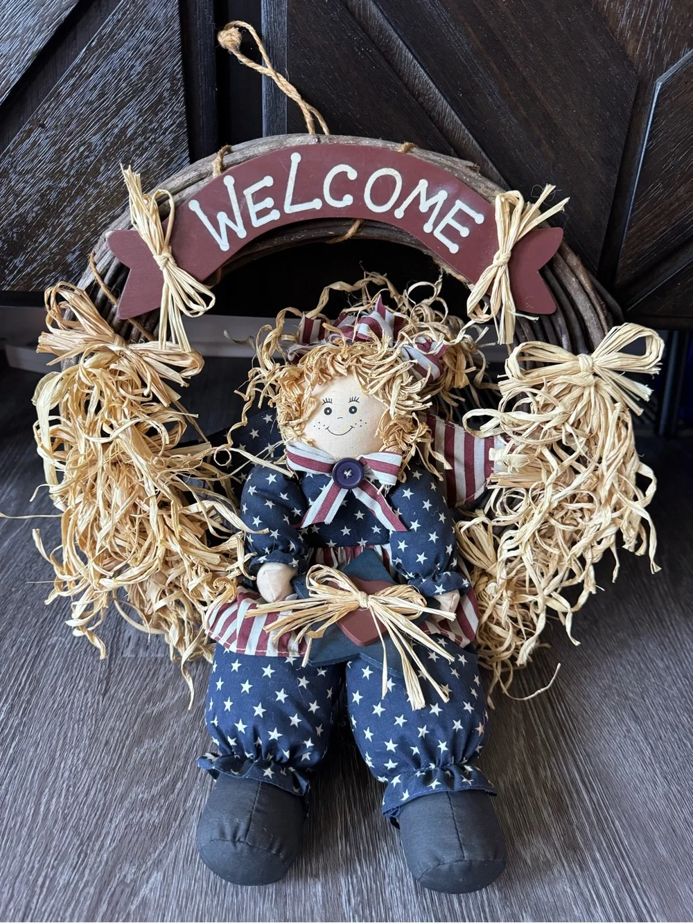 Vintage Folk Art American Doll Door Wreath Stars & Stripes Home Decor Classic